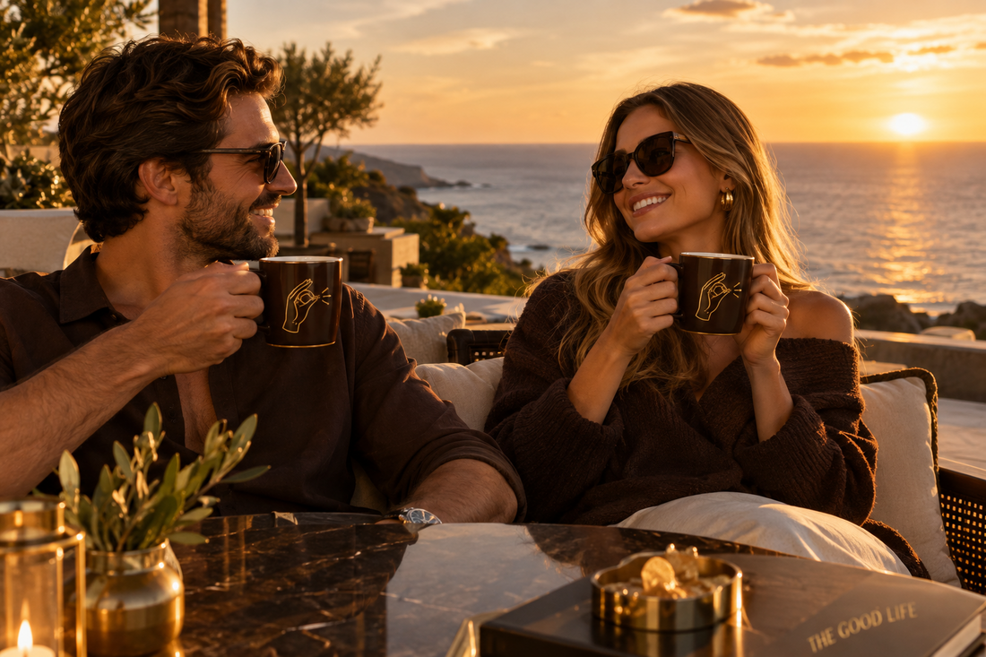 A couple enjoying their coffee overlooking the ocean.