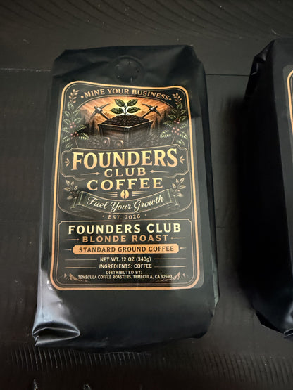 Founders Club Coffee package on a black background