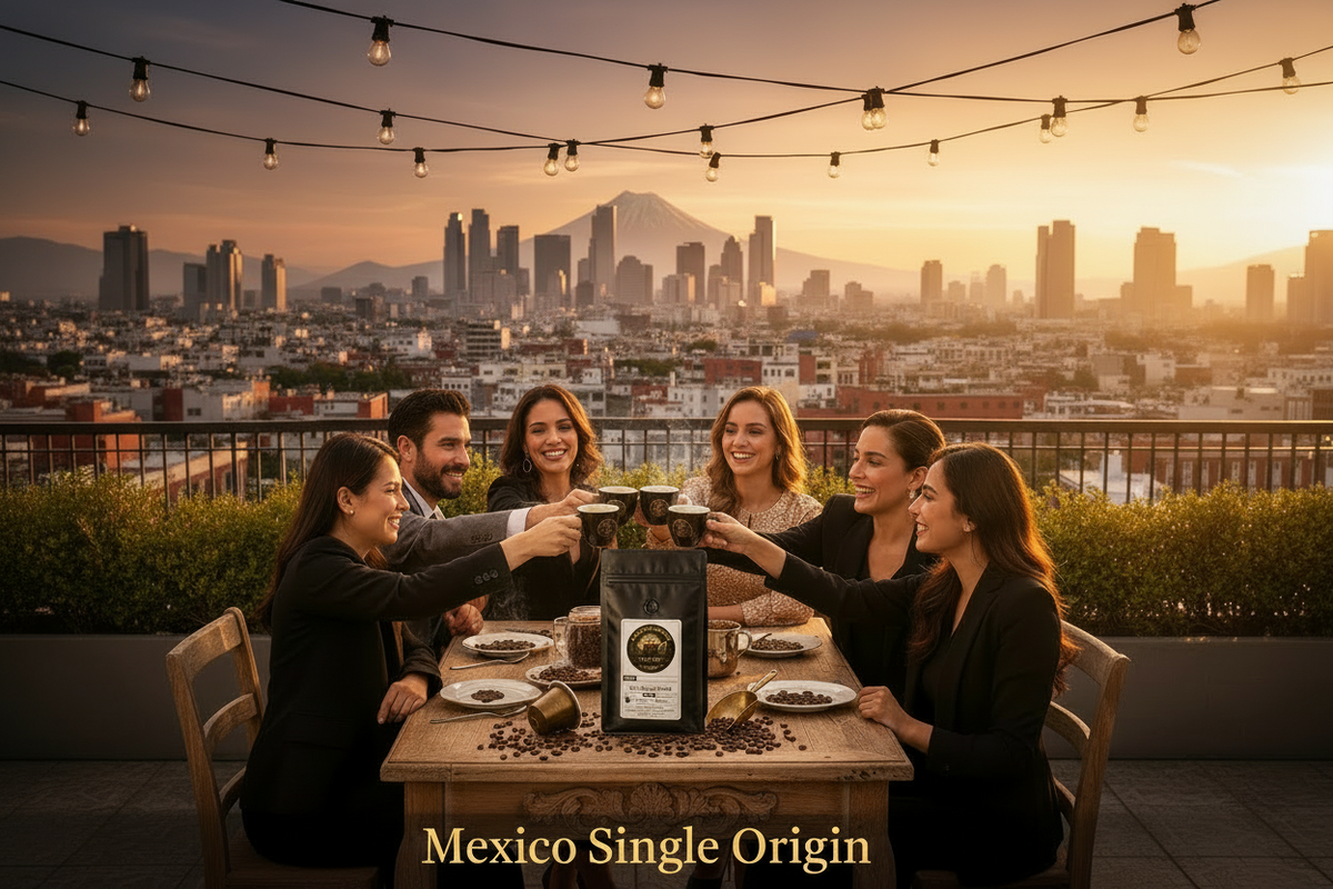 A group of five friends toasting with coffee mugs on a wooden table, with a bag of coffee beans and coffee beans scattered on the table in the foreground. The background features a city skyline with a mountain under a warm sunset sky, decorated with hanging string lights.